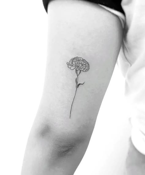 Carnation Dainty Tattoo, Marigold Small Tattoo, Dahlia Tattoo Minimalist, Chrysanthemums Tattoo Minimalist, Carnation Line Art Tattoo, Cornelia Flower Tattoo, Small Carnation Flower Tattoo, Carnation And Mum Tattoo, Single Poppy Flower Tattoo