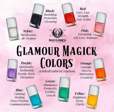 Nail Polish Color Magick, Nail Color Magick, Nail Polish Color Meaning Witch, Nail Color Meaning Witchcraft, Witchy Nail Colors, Nail Magic Witch, Color Magic Witchcraft Nails, Glamour Magick Colors, Color Meanings Witchcraft