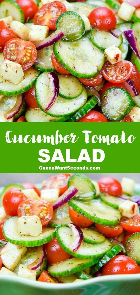 *NEW* This simple cucumber tomato salad is always the star of the show with its sweet tangy vinaigrette, rich creamy mozzarella, and crisp summer veggies. #CucumberTomatoSalad #Salad #SideDishes #Cucumber #Tomato Cucumber And Tomato Salad, Cucumber And Tomato, Tomato Salad Recipes, Cucumber Tomato Salad, Resep Salad, Vinegar Dressing, Onion Salad, Tomato Cucumber, Starting Keto