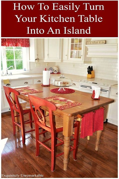 How To Make A Farmhouse Island Out Of A Kitchen Table Red Kitchen Tables, Homemade Kitchen Tables, Dapur Rustic, Diy Kitchen Table, Kitchen Desks, Farmhouse Chairs, Farmhouse Kitchen Tables, Diy Table Decor, Kitchen Island Table