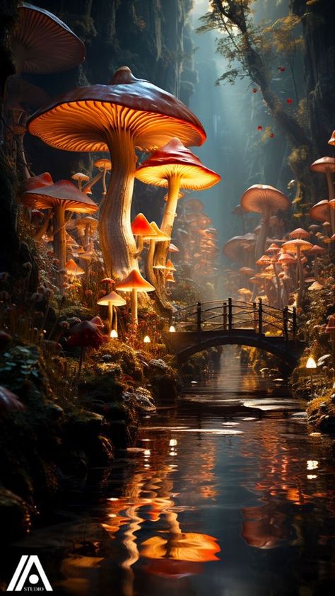 Mythical Mushroom Forest, Fantasy Landscape Mushroom, Mushroom World Art, Mushroom Kingdom Aesthetic, Fantasy World Creatures, Fairytale Landscape Painting, Fantasy Mushrooms Art, Mushroom Environment, Fantasy Biomes