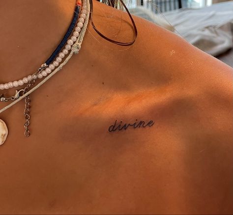 Dainty Tattoos On Collar Bone, Meaningful Collar Bone Tattoos Words, Divine Collar Bone Tattoo, Divine Feminine Tattoo Collarbone, Calerbone Tattoos For Women, Tattoo Inspo Collarbone, Divine Feminine Collar Bone Tattoo, Small Tattoo Ideas Collar Bone, Divine Tattoos For Women