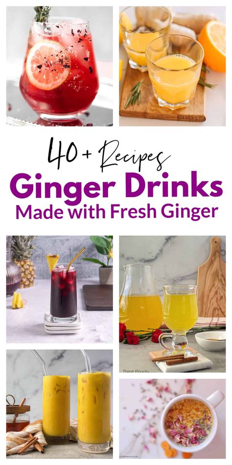 These ginger drink recipes are all homemade with fresh ginger root. This collection of delicious ginger drinks covers a wide variety of cocktails, mocktails, teas, shots, and smoothies. Some have alcohol and some do not. Each and every ginger drink recipe has one thing in common - the amazing anti-inflammatory properties of using fresh ginger. Homemade Sprite Recipe, Ginger Root Recipes, Ginger Drink Recipe, Ginger Drinks, Ginger Root Tea, Raw Ginger, Ginger Cocktails, Ginger Tea Recipe, Fermented Drinks