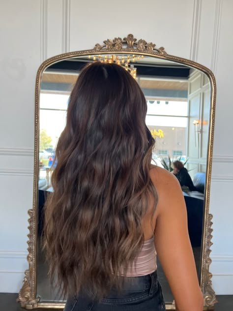 Brunette Hair Lowlights Dark, Hair Color Ideas For Brunettes Wavy Hair, Brown Hair With Subtle Lowlights, Dark Brown Into Light Brown Hair, Dark Hair For Winter Brunettes, All Brunette Hair Color, Deep Brown Hair Balayage, Brown Curled Hairstyles, Brown Hair With Glaze