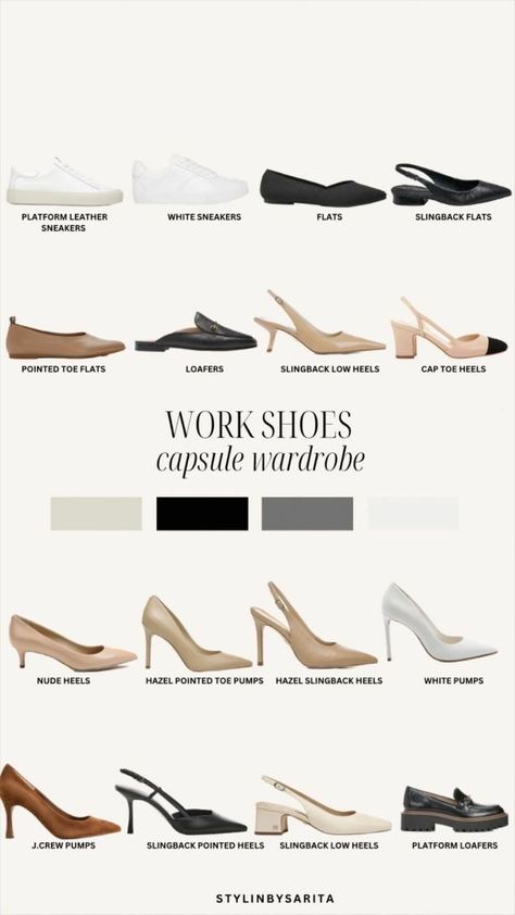 Shoes Capsule Wardrobe, Minimalist Wardrobe Capsule, Work Shoes Women, Fashion Capsule Wardrobe, Shoes Outfit Fashion, Chique Outfits, Fashion Vocabulary, Elegante Casual, Classy Work Outfits