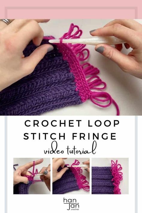 Learn how to work a crochet loop stitch in this easy video tutorial from HanJan Crochet. Including a section on how to create an easy crochet fringe, this technique is great for adding texture and fun to your crochet blankets and garments. #crochetloopstitch #crochetfringe #learntocrochet Crochet Loop Stitch, Crochet Stitches Uk, Crochet Loop, Loop Stitch, Different Crochet Stitches, Aran Weight Yarn, Crochet Fringe, Stitch Tutorial, Your Crochet