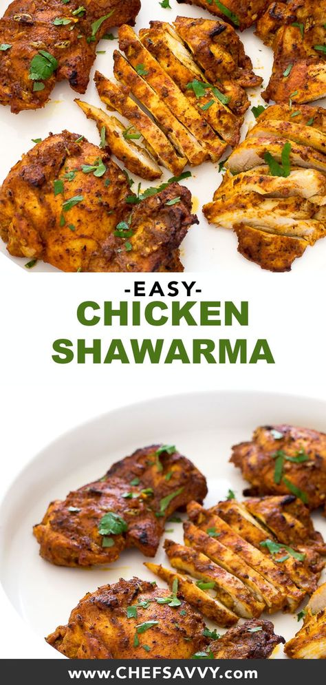 Super Easy Chicken Shawarma. This Mediterranean chicken dish is loaded with tons of spices and baked until golden brown! All you need is a couple minutes of prep time and this healthy protein rich family meal is ready in just 30 minutes! | chefsavvy.com #chicken #shawarma #protein #healthy #dinner #recipe New Healthy Dinner Ideas, Main Protein Dish, Quick And Easy Paleo Recipes, Mediterranean Dishes Dinners, Healthy Mediterranean Recipes Dinners, Mediterranean Protein, Meditterean Recipes, Protein Dishes, Mediterranean Chicken Recipes