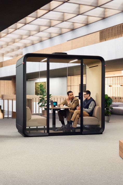 Framery Four in an open-plan office. Phone Booth Office Design, Open Floor Plan Office, Pod Office, Soundproof Box, Creative Workspace Design, Bee Business, Office Design Concepts, Flexible Work Space, Work Office Design