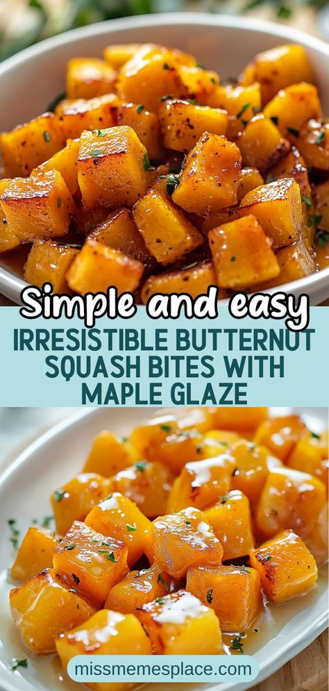 Discover the perfect blend of sweet and savory with these Irresistible Butternut Squash Bites with Maple Glaze! Roasted to perfection, each bite is coated in a rich maple syrup glaze that caramelizes beautifully in the oven. Perfect for appetizers or snacks, this easy recipe highlights the natural sweetness of butternut squash while adding a warm, comforting flavor. Serve them warm at your next gathering and watch as they disappear in no time! Roasted Butternut Squash Maple Syrup, Butternut Squash Bites, Maple Glazed Squash, Delicious Butternut Squash Recipes, Butternut Squash And Meatballs, Butter It Squash Recipes, Butternut Squash Recipes Side Dishes, How To Cook Butternut Squash In Oven, Butternut Squash Healthy Recipes