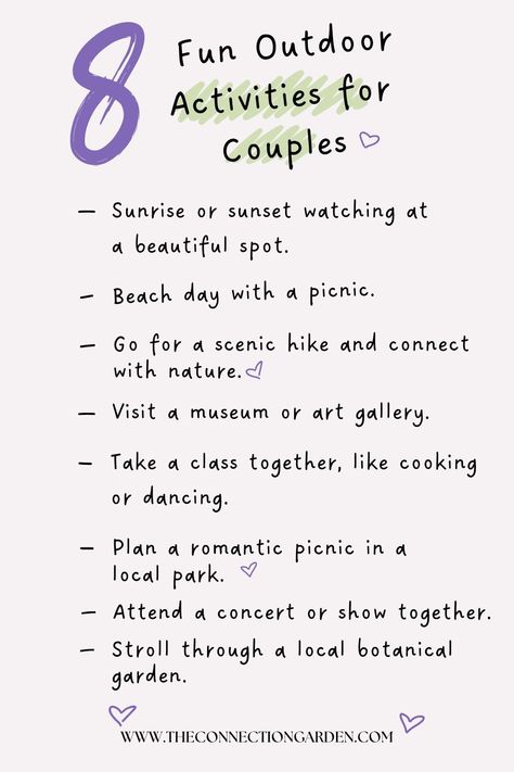 Explore the outdoors with your partner through our 8 Fun Outdoor Activities for Couples. Perfect for those seeking adventure and connection. Check out our blog for these and more engaging, relationship-enriching ideas. #couplestherapy #relationshipadvice #conflictresolution #personalgrowth #selfimprovement #relationshiptools #healthyrelationships #deepconversationstarters #emotionalintimacy #relationshipgrowth #relationshipgoals #Deeperconversationstarters💟#LoveStory #RomanticEncounters #HeartfeltConnections #DateNightIdeas #SoulmateSearch #FlirtyFridays #CandlelitDinners #StarryEyedMoments #LoveQuotes #DreamyDates #WhisperedPromises #AmourAdventures Strengthen Relationship Couples, Relationship Exercises For Couples, Couples Activity Ideas Relationships, Summer Couple Activities, Summer Activities Couples, Couple Content Ideas, Summer Activities For Couples, Couples Ideas Activities, Couples Activity Ideas