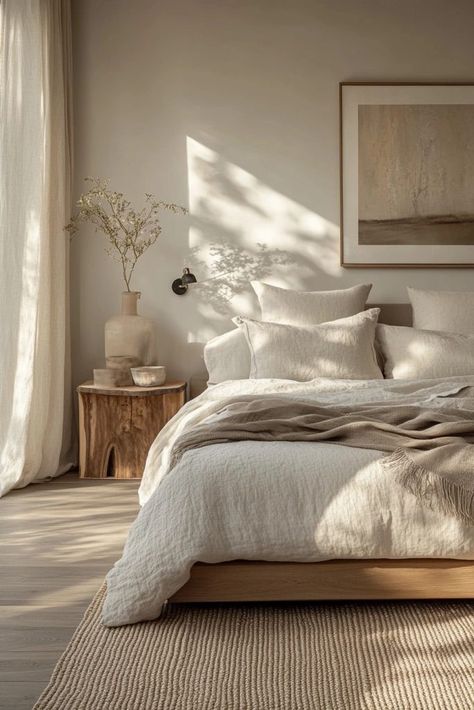 Room Inspo Neutral Colors, Comfy Minimalist Bedroom, Zen Bedroom Design, Minimalistic Bedroom, Zen Bedroom Ideas, Organic Bedroom, Airy Bedroom, Natural Bedroom, Minimal Bedroom