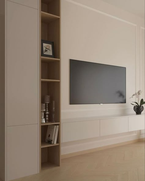 Living Room Tv Wall Storage, Besta Billy Combination Tv, Living Room With Storage Ideas, Asymmetrical Media Wall, Minimal Media Wall, Billy Tv Wall, Tv Wall With Door, Tv Snug Room Ideas, Nordic Interior Design Living Room