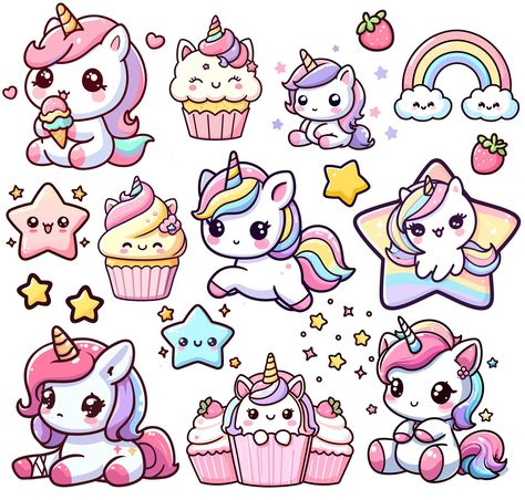 Mini Cute Stickers, Kawai Sticker Ideas, Kawaii Stickers Printable Scrapbooking, Simple Unicorn Drawing, Chibi Unicorn, Doodles Simple, Cute Rainbow Unicorn, Unicorn Png, Kutek Disney