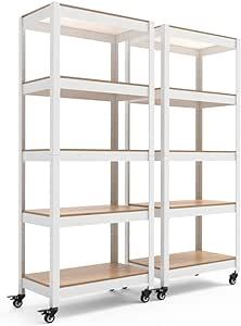 HOMEDANT House White 5-Tier Metal Rolling Cart Shelf Rack Casters Heavy Duty Wheel Shelving Unit Adjustable Utility Storage Shelves Organizer Shelf Kitchen Garage 24.4" W x 16.5" D x 62.2" H 2Pack Shelf With Wheels, Scandinavian Shelves, Rolling Shelves, Owners Suite, Rolling Rack, Movable Shelf, Shelf Units, Standing Shelf, Utility Shelves