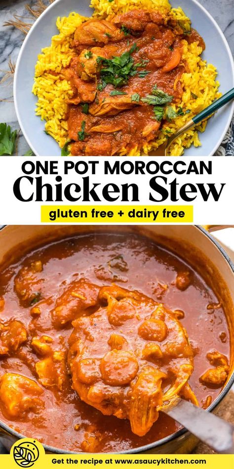 Make room on your table for this hearty and healthy, one pot Moroccan Chicken Stew! It's made with fragrant spices, tender chicken thighs, aromatic veggies and chopped dates. | Gluten Free + Dairy Free + Grain Free Healthy Fall Recipes Dairy Free, Slow Cooker Spanish Chicken Stew, Moroccan Chicken Stew Recipe, Moroccan Chicken And Couscous Recipes, Paprika Chicken Stew, Rice Stew Recipes, Chicken Thigh Stew Recipes, Mediterranean Stew Recipes, Healthy Stews And Soups