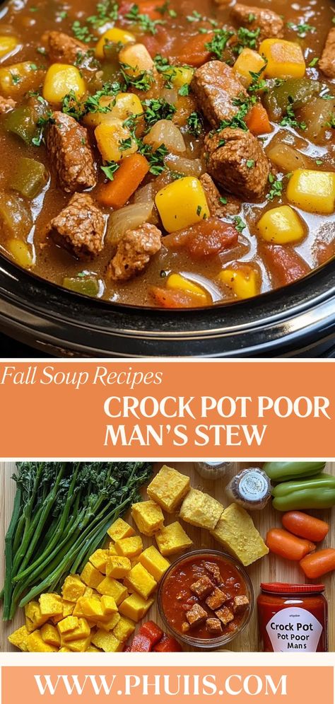 Crock Pot Poor Man’s Stew is a hearty, comforting dish that combines simple ingredients to create a delicious meal that warms both the body and soul. This stew is perfect for busy families or anyone looking to enjoy a homemade dinner without spending hours in the kitchen. Poor Mans Stew Crock Pot, Poor Mans Soup, Poor Man's Stew, Poor Mans Stew, Fall Soup Recipes, Poor Man, Fall Soups, Comfort Dishes, Homemade Dinner