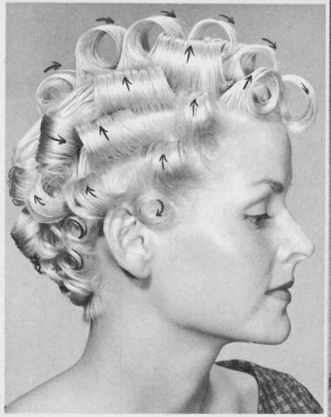 Rita Hayworth Hair Tutorial, Vintage Curler Pattern, Vintage Curl Pattern, Vintage Roller Set Pattern, Roller Set Pattern, Curler Pattern, Marilyn Monroe Curls, 50s Curls, Hair Roller Patterns