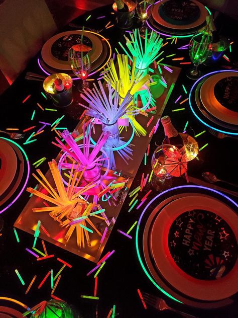 80s Prom Table Decorations, Rave Decorations Party, Neon Dinner Party, Techno Party Decoration, Electric Party Theme, Neon Prom Theme Decoration, Neon Dance Theme, Neon Table Centerpieces, 80 Party Decorations 80s Theme