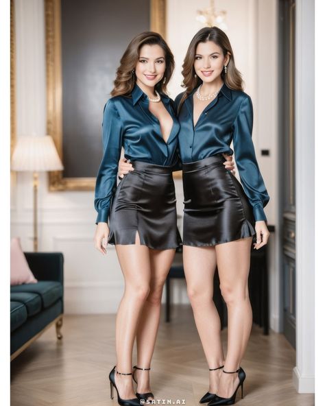 😍 New shiny shiny outfits | SWIPE 👉🏼 🤓 Made with Ai | Stabe Diffusion SDXL + LoRAs + Photoshop 🙏🏼 Support me:… | Instagram Fitted Sleek Satin Blouse, Shiny Fitted Mini Skirt, Luxury Satin Blouse With Satin Finish, Shiny Mini Skirt, Dressy Summer Dresses, Shiny Outfits, Plastic Outfit, Satin Outfits, Mistresses In Satin Bow Blouses