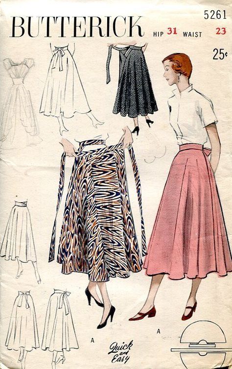 Vintage 1950s Butterick sewing pattern for a full wrap skirt. Pattern is unprinted. Quick and Easy: Swirling merry-go-round skirt. "Quick and Easy" circular skirt for sun, patio or dance floor. Belt band hooks at side front, apron ties in back. Merry-go-round skirt can be worn four ways bow in back, at side, knot-tied in front, and cummerbund fashion. Áo Blu, Wrap Skirt Pattern, Diy Sy, Patron Vintage, Design Moda, Butterick Sewing Pattern, Skirt Patterns Sewing, Couture Mode, Retro Mode