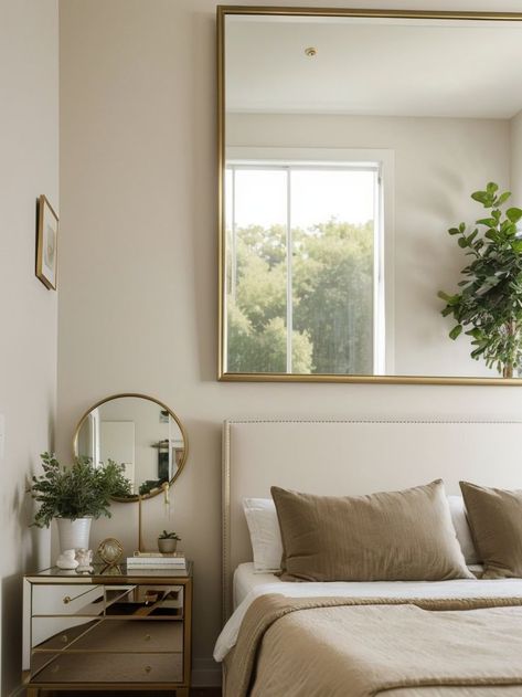 Create a serene atmosphere with a large landscape art piece above the bed. Add a touch of elegance with a gold-framed mirror and accent the room with potted plants for a natural and calming vibe. Mirror Above Bed, Large Gold Frame, Above Bed, Bedroom Art, Gold Frame, Landscape Art, Potted Plants, Mirror, Bedroom