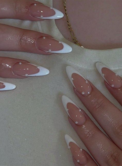 Free ReturnsFree Shipping24PCS medium Almond Press on nails white French False nail 3d pearl jewel fake Nails for WomenGirlsPress On Nails at SHEINlong nail designs Press On Nails White, Nails White French, Ongles Gel French, Cute Almond Nails, White Almond Nails, White French Nails, Almond Nails French, Long Almond Nails, White Tip Nails