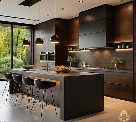 Luxury Black Kitchen, Modern Dark Kitchen, Black Cabinetry, Model Dapur, Design Ložnic, Desain Pantry, Kabinet Dapur, Dream Kitchens Design, Modern Kitchen Interiors