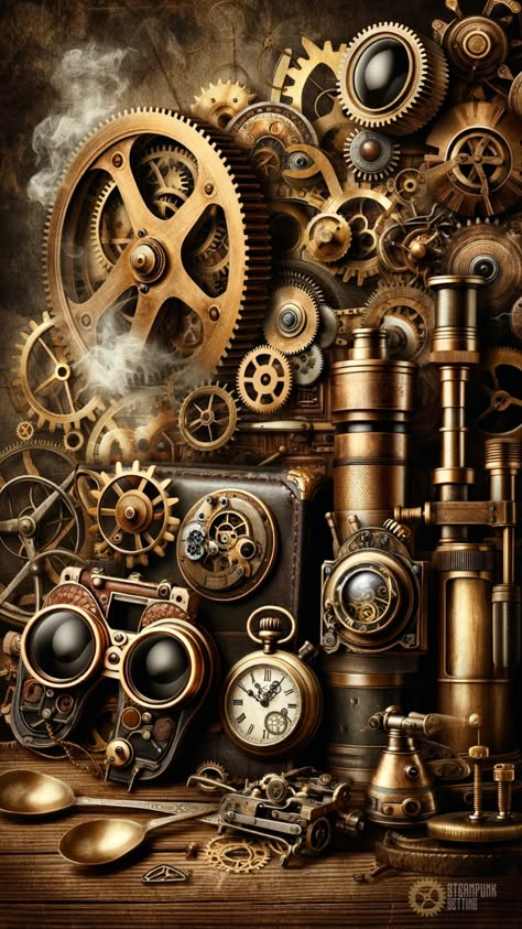 Discover the allure of steampunk in this montage featuring vintage gears, brass elements, and Victorian machinery fused with futuristic tech. Perfect for enthusiasts of this unique, time-blending art style.