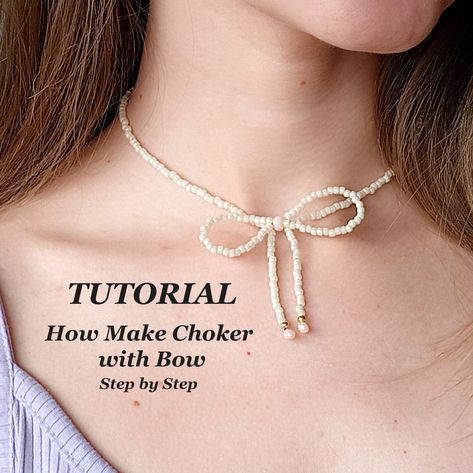 Beaded Bow Necklace Tutorial, Beaded Bow Tutorial, Bow Necklace Tutorial, Bow Necklace Diy, Bead Bow Necklace, Crafts With Beads, Bow Step By Step, Beaded Bow Necklace, Coquette Necklace