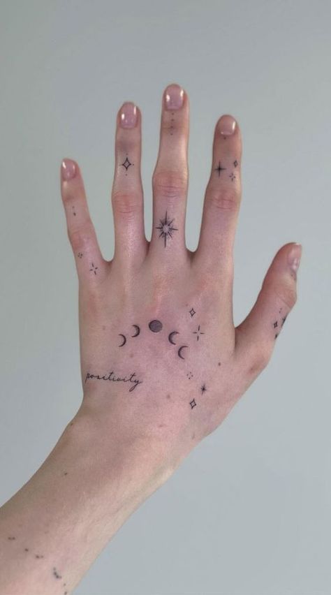 Stars And Moon Hand Tattoo, Stars Hand Tattoos For Women, Left Right Hand Tattoo, Moon And Star Hand Tattoo, Planet Hand Tattoo, Intricate Hand Tattoo, Faded Hand Tattoos, Left And Right Hand Tattoo, Hand Star Tattoos For Women