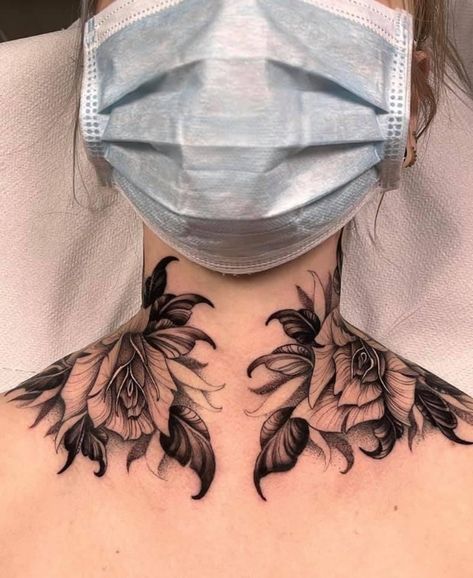 Top Shoulder Tattoos For Women Unique, Collar Bone Neck Tattoos For Women, Flower Tattoos On Neck For Women, Womens Throat Tattoo Ideas, Throat Neck Tattoo Women, Flowers Throat Tattoo, Women Pelvis Tattoo, Large Neck Tattoos Women, Dark Neck Tattoos Women