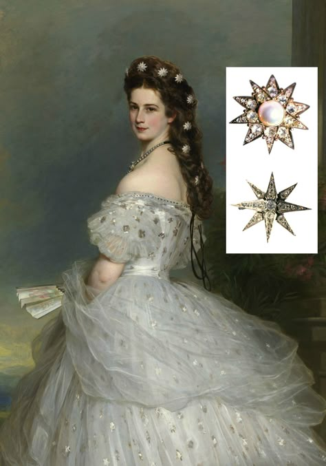 Detail of portrait of Empress Elisabeth of Austria, by Winterhalter, 1865, Bundesmobilienverwaltung Hofburg Vienna Sisi Museum (photo: Gerald Schedy). Empress Elisabeth "Sisi" is shown in a court gala dress designed by Worth, with diamond stars in her hair. Sisi possessed a variety of diamond stars, both eight-pointed and ten-pointed, with and without pearls. The inset photo (© SKB) shows diamond stars with pearls and without pearls, made by Köchert and Rozet & Fischmeister, respectively. Kochert Tiara, Empress Sissi, Franz Xaver Winterhalter, Empress Elisabeth Of Austria, Elisabeth Of Austria, Victorian Nightgown, Dinner Gowns, Empress Elisabeth, Gala Dress