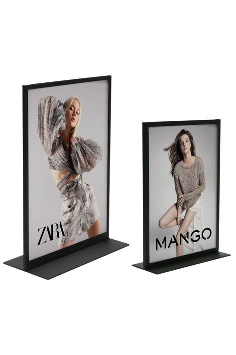 Metal sign holder frame for countertops, pictured in A3 and A4 sizes Table Sign Retail, Boutique Essentials, Table Sign Holder, Poster Display Stand, Table Display Stand, Table Signage, Point Of Sale Display, Metal Printing, Visual Merchandising Displays