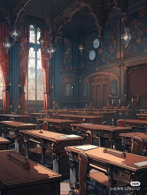 School Of Magic Art, Fantasy Classroom Art, Fantasy Classroom Aesthetic, Fantasy Academy Dorm Room, Magic Boarding School Aesthetic, Fantasy Study Aesthetic, Academy Classroom Aesthetic, Magic School Art Concept, Medieval School Aesthetic