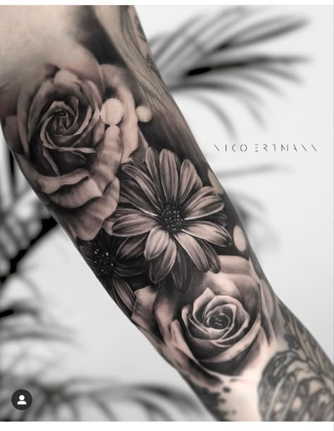 Black Roses Sleeve Tattoo, Realistic Floral Tattoo Black And White, Realistic Floral Sleeve Tattoo, Rose And Daisy Tattoo Half Sleeves, Realism Tattoo Sleeve Women Flowers, Realist Flower Tattoo, Black And Grey Flower Tattoo Sleeve, Rose Sleeve Tattoo Women Forearm, Realistic Flowers Tattoo