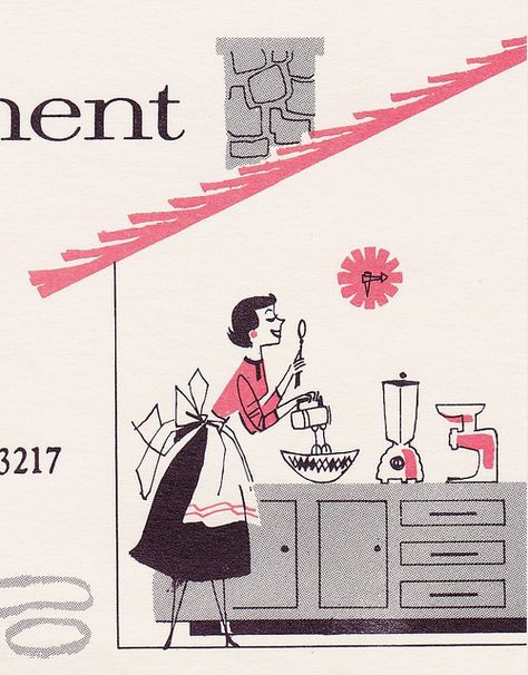 A cheerful 1950s homemaker whizzes through her cooking thanks to her array of Oster small appliances. #illustration #1950s #vintage #homemaker #housewife Vintage Homemaker, Homemaker Recipes, Roger Wilkerson, Decorating Room, Vintage Housewife, Mid Century Illustration, Retro Housewife, Home Economics, Cooking Guide