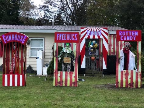 Carn Evil Decorations, Halloween Circus Theme Yard, Evil Circus Creepy Carnival, Carnevil Halloween Decorations, Scary Trunk Or Treat Ideas, Halloween Carnival Decorations, Carnival Haunted House, Carnevil Halloween Party, Halloween Circus Theme