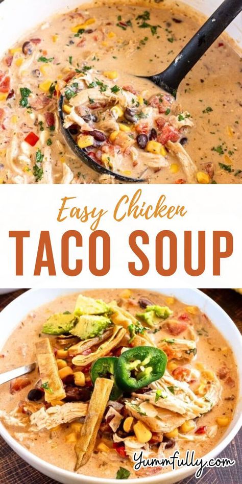 My family loves tacos and when the weather starts to get cold, I love to make a big pot of creamy chicken taco soup. This is a very easy chicken taco soup because you make it with leftover rotisserie chicken and all you have to do is dump all the ingredients into the pot! Creamy Chicken Taco Soup, Easy Chicken Taco Soup, Crockpot Chicken Taco Soup, Easy Chicken Taco, Rotisserie Chicken Recipes Leftover, Rotisserie Chicken Soup, Rotisserie Chicken Tacos, Chicken Taco Soup Recipe, Chicken Tacos Easy