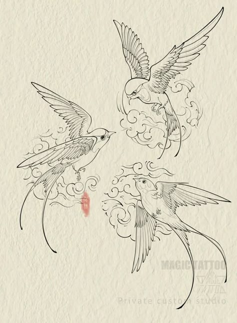 Swallow Reference, Japanese Bird Tattoo, Golondrinas Tattoo, Japanese Bird, Swallow Tattoo, Ornament Drawing, Pola Sulam, Desenho Tattoo, Birds Tattoo