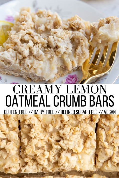 Dairy Free Lemon Bars, Gluten Free Lemon Desserts, Vegan Lemon Desserts, Lemon Crumb Bars, Lemon Desserts Healthy, Sugar Free Lemon Bars, Egg Free Dessert Recipes, Lemon Recipes Healthy, Lemon Oatmeal