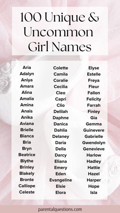 100+ uncommon baby girl name ideas with meanings. Find the perfect rare and unique girl name that are totally underused with our list of 100 gorgeous, uncommon girls names. Click through for the full list! Unique baby names for 2024, unique girl names, cute girl names, pretty girl names Name Ideas For Girls Unique, Full Name Ideas Girl, List Of Last Names, Full Names For Girls Unique, Good Names For Girls, Pretty Girl Names List, Very Unique Baby Names, Cute Girl Names List, Elegant Names Girl