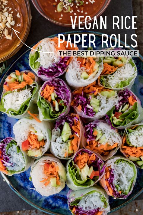 These vegetarian summer rolls (rice paper rolls) are quick, easy and healthy. Plus the hoisin peanut dipping sauce is totally addictive for dipping, salads and slathering on everything! Plant Based Rice Paper Rolls, Summer Rice Paper Rolls, Salad Rolls Vegetarian, Raw Vegan Rice Paper Rolls, Summer Rolls Recipe Vegetarian, Thai Rice Paper Rolls, Vegan Salad Rolls, Rice Paper Salad Rolls, Veggie Summer Rolls