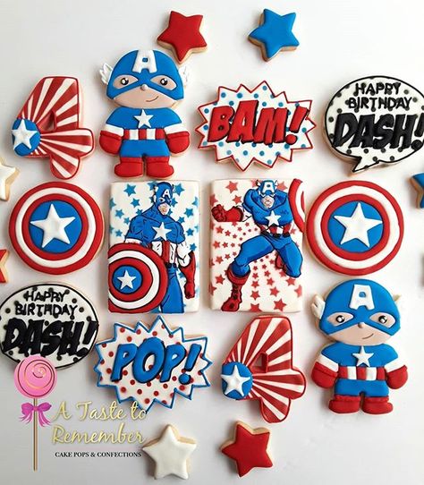 Captain America 1st Birthday, Captain America Cookies Decorated, Captain America Cookies, Captain America Birthday Decorations, Marvel Cookies, America Cookies, Avengers Cookies, Captain America Birthday Party, Captain America Cake