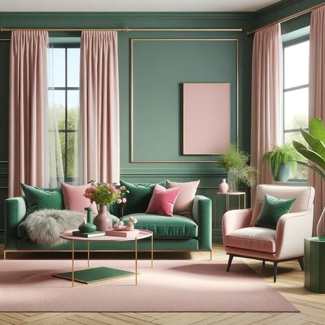 blush pink and emerald green living room Emerald And Pink Living Room, Pink And Emerald Green Living Rooms, Dark Green Pink Living Room, Green Walls Pink Curtains, Emerald Green Pink And Gold Living Room, Green Pink Office, Pink And Green Decor Living Room, Emerald Green And Pink Living Room, Green And Coral Living Room