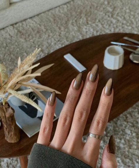 Taupe Nails, Brown Nail Polish, Brown Nail, Brown Nails Design, Long Almond, Velvet Nails, Luxury Press On Nails, Almond Acrylic Nails, Soft Nails