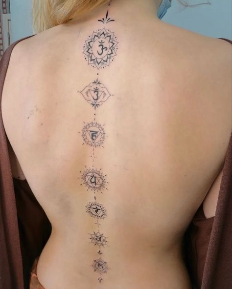 Chakras Back Tattoo Women, Buddha Spine Tattoo, Chakras Down Spine Tattoo, Yoga Spine Tattoo, Spine Tattoo Chakra, Kundalini Spine Tattoo, Chakra Tattoo Back, Chakras Spine Tattoo, Back Chakra Tattoo