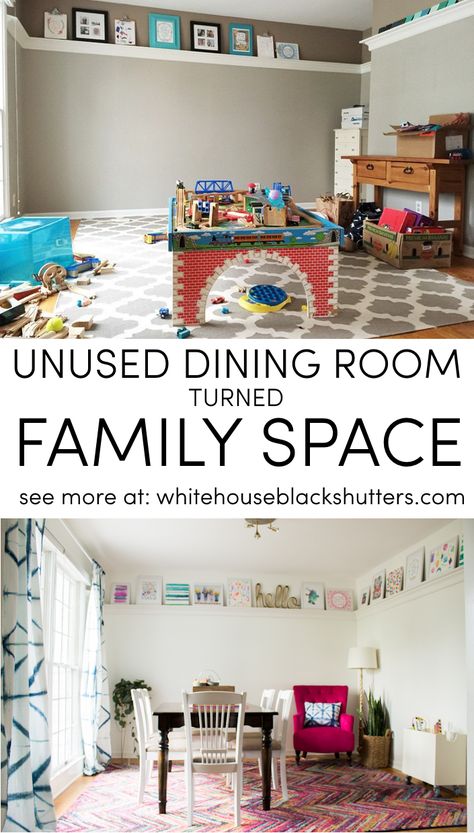 unused dining room turned family space Double Duty Dining Room, Ideas For Unused Dining Room, Dining Room Playroom Combo Ideas, Dining Playroom Combo, Alternative Dining Room Uses, Dining Room Transformation Ideas, Alternate Dining Room Ideas, Dining Room Playroom Conversion, Dining Room Repurpose Ideas