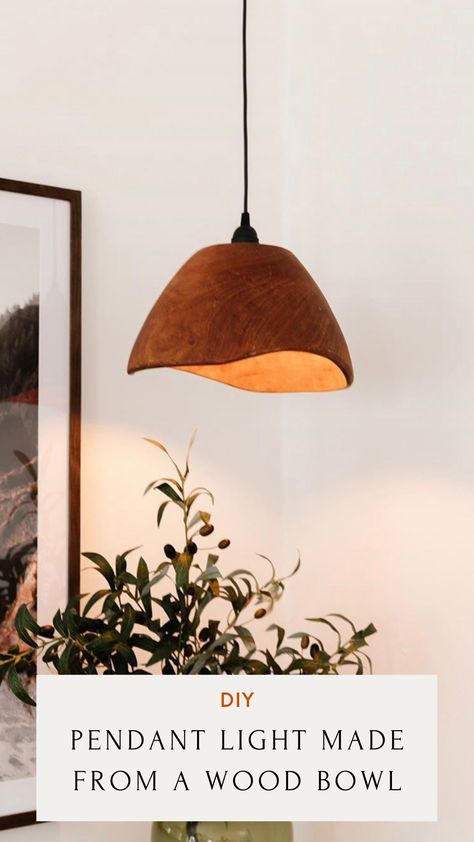 DIY Pendant Light Made From Wood Bowl Thrift Flip Light Makeover Hanging Light Lamp Shade, Wood Lamp Shade Diy, Diy Rustic Pendant Light, Hanging Light Shade Diy, Diy Pendant Lamp Shade Ideas, Diy Ceramic Lampshade, Diy Basket Hanging Light, Pendant Light Diy Hanging, Diy Kitchen Pendant Lights