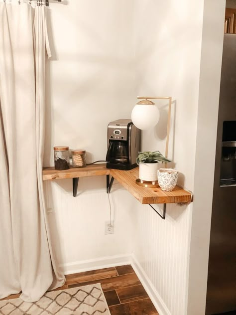 Diy Coffee Nook Small Spaces, Home Office Coffee Station Small Spaces, Small Coffee Corner In Bedroom, Small Coffee Nook In Bedroom, Coffee Room Ideas Small Spaces, Coffee Bar In Office Small Spaces, Simple Small Coffee Bar, Tiny Coffee Bar Small Spaces, Small Office Coffee Bar