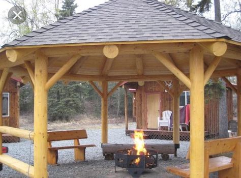 Covered Fire Pit, Fire Pit Gazebo, Fire Pit Safety, Hexagon Gazebo, Fire Pit Plans, Gazebo With Fire Pit, Pergola Decor, Gazebo Roof, Fire Pit Swings